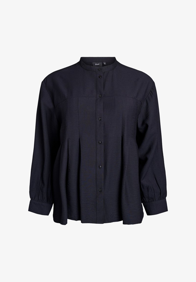 Blusa blu navy con bottoni, colletto alla mandarino, fronte plissettato e maniche lunghe a palloncino. Realizzata in tessuto leggero e testurizzato.