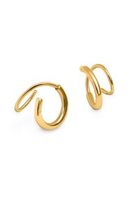 Gouden oorbellen met een draaiend, open ontwerp met gladde oppervlakken en ronde hoeken. Materiaal heeft een glanzende, metallic afwerking.