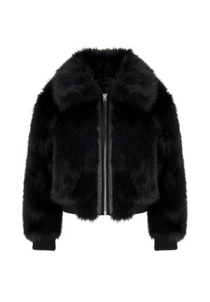 Veste en fausse fourrure noire avec col large, fermeture éclair devant, et poignets côtelés aux manches longues sur fond blanc.