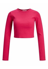 Tajt, långärmad crop top i livfullt rosa ribbat tyg; har en rund halsringning och slät yta, perfekt för att ha som lager eller att bära för sig själv.