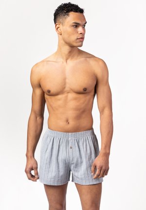 Gray striped boxers with an elastic waistband, single front button, and soft fabric. Designed for comfort and casual wear.