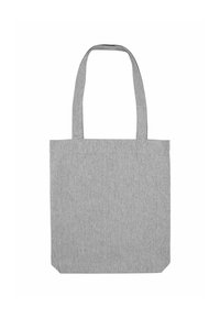 Borsa tote in tessuto grigia con due lunghe maniglie e una forma rettangolare semplice e non decorata su uno sfondo bianco.