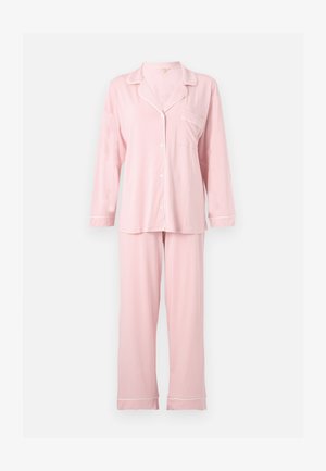 Ensemble de pyjama rose clair à manches longues avec passepoil blanc, chemise boutonnée avec poche poitrine et pantalon droit assorti.