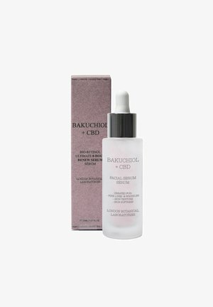 Butelka serum do twarzy z bakuchiolem i CBD z pipetą obok fioletowego pudełka oznaczonego jako bio-retinol 8-godzinne serum odnawiające marki London Botanical Laboratories.