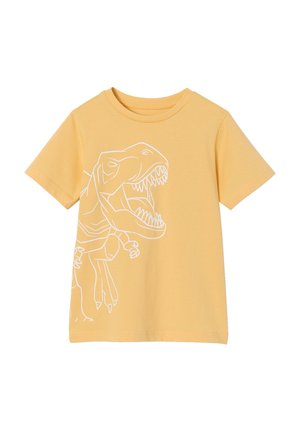 Yellow short-sleeve T-shirt with a white outlined design of a roaring T-Rex dinosaur across the front.