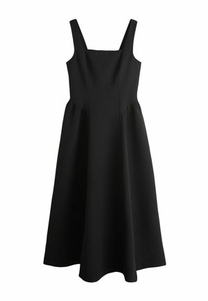 Black sleeveless dress with a square neckline, fitted bodice, and flared skirt, made from smooth fabric with a uniform texture.