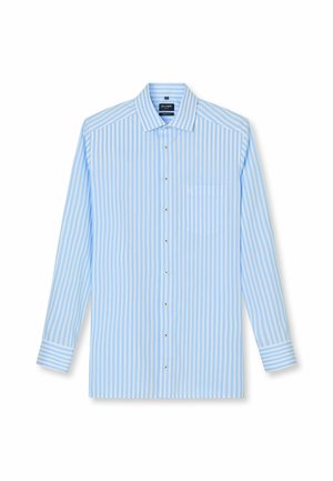 Camicia a maniche lunghe azzurro chiaro con strisce verticali bianche, bottone anteriore, taschino sul petto e polsini rigati a contrasto.