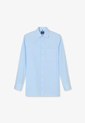 Camicia a maniche lunghe azzurro chiaro con strisce verticali bianche, bottone anteriore, taschino sul petto e polsini rigati a contrasto.