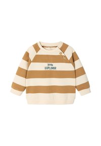 Beige sweatshirt with brown horizontal stripes, round neckline, and button detail on the shoulder. Features "little EXPLORER" text.