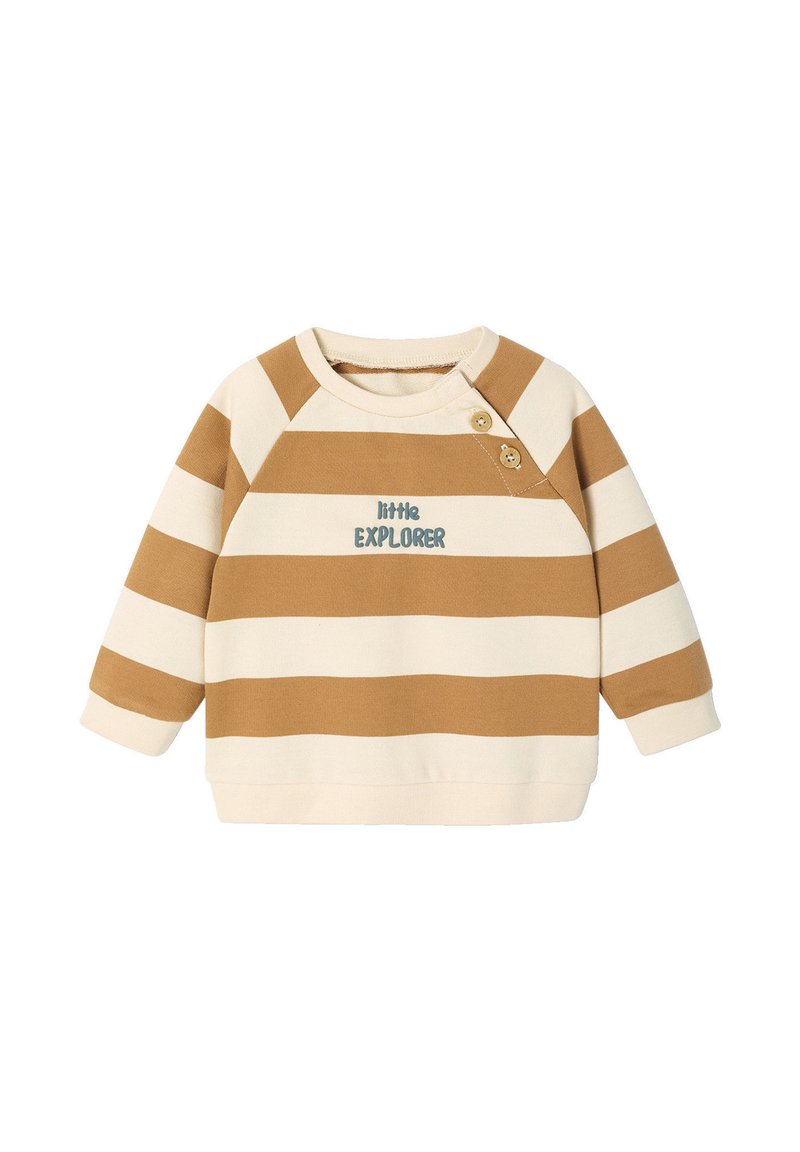 Beige sweatshirt with brown horizontal stripes, round neckline, and button detail on the shoulder. Features "little EXPLORER" text.