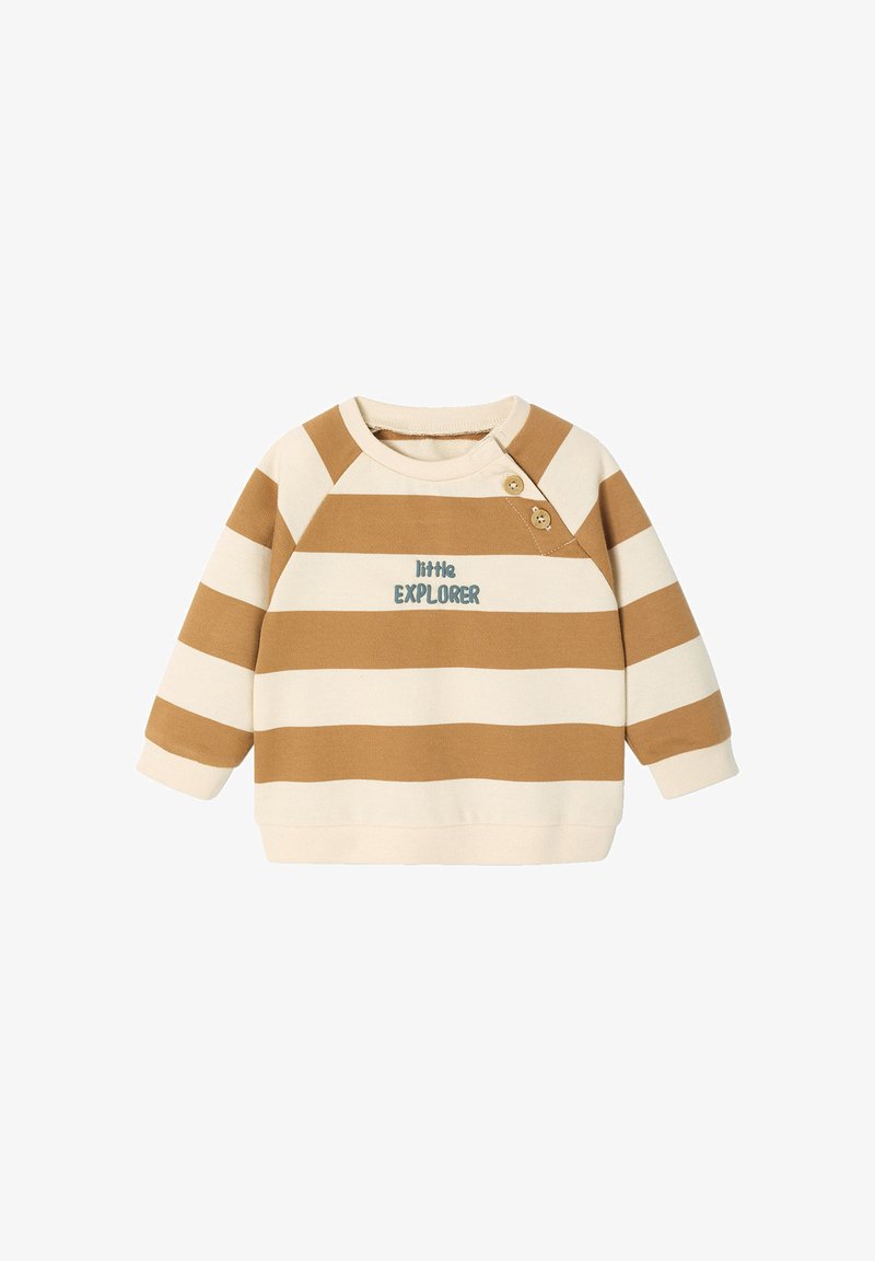 Beige sweatshirt with brown horizontal stripes, round neckline, and button detail on the shoulder. Features "little EXPLORER" text.