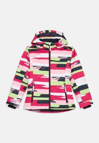 Chaqueta colorida con una mezcla de patrones de pinceladas en rosa, verde y negro; con cremallera completa, capucha y bolsillos con cremallera. Fabricada con un material texturizado.
