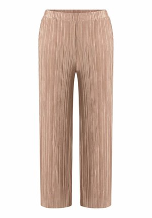 Beige weite Hosen mit plissiertem Stoff und elastischem Bund, dargestellt vor weißem Hintergrund.