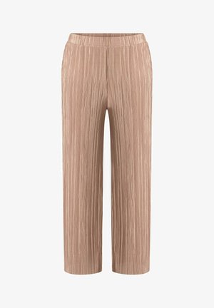 Pantalon beige à jambes larges avec texture en tissu plissé et taille élastique, présenté sur un fond blanc.