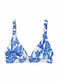 Top bikini triangolo con motivo floreale blu e bianco, spalline regolabili e dettagli arricciati sulla fascia. Il materiale sembra liscio.