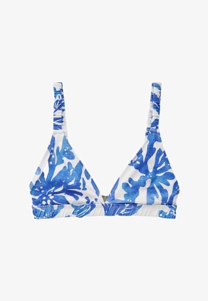 Trekantet bikini top med blåt og hvidt blomstermønster, justerbare stropper og sammensyning ved båndet. Materialet ser glat ud.