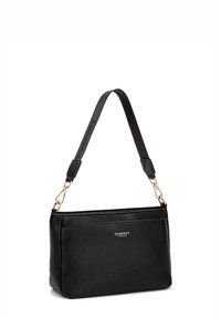 Borsa a mano in pelle nera con superficie testurizzata, accessori in oro e tracolla rimovibile. Presenta una tasca frontale e un logo in rilievo.
