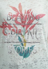 Camiseta gris claro con un diseño floral decorativo en rosa y verde, con texto metálico plateado que dice "CUENTOS DE PRIMAVERA BRILLANTES."