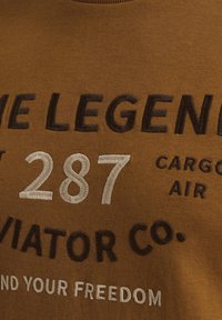 Bruine T-shirt met geborduurde tekst in zwart en crème, met "THE LEGEND" en "287 CARGO AVIATOR CO." prominent weergegeven.
