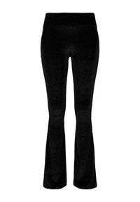 Pantalon flare taille haute en velours noir avec jambes larges et partie supérieure ajustée, présenté sur un fond blanc uni.