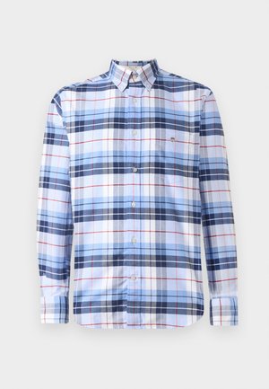 Long-sleeve, button-up shirt in blue and white plaid with red accents. Made of a woven fabric featuring a classic collar and pocket detail.