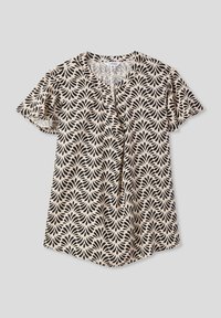 Blusa a maniche corte in tessuto beige con design a foglie nere, caratterizzata da un colletto henley e una vestibilità morbida. Texture soffice, materiale leggero.