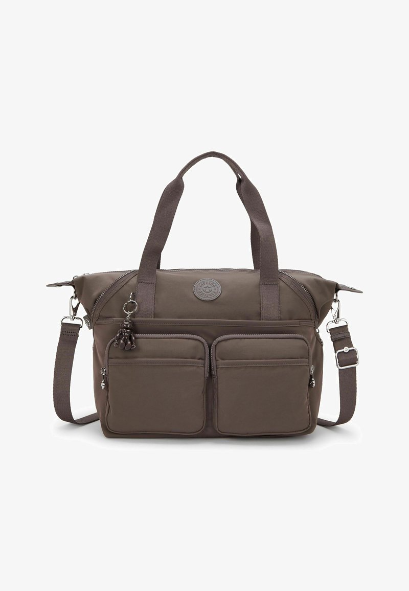 Sac à main en nylon brun foncé avec deux poignées, bandoulière réglable, deux poches avant zippées et un petit porte-clés singe.