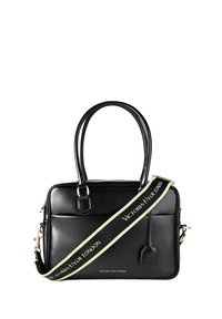 Schwarze Lederhandtasche mit zwei Griffen und einem abnehmbaren schwarzen und grünen Schulterriemen mit dem aufgedruckten Schriftzug Victoria Hyde London.