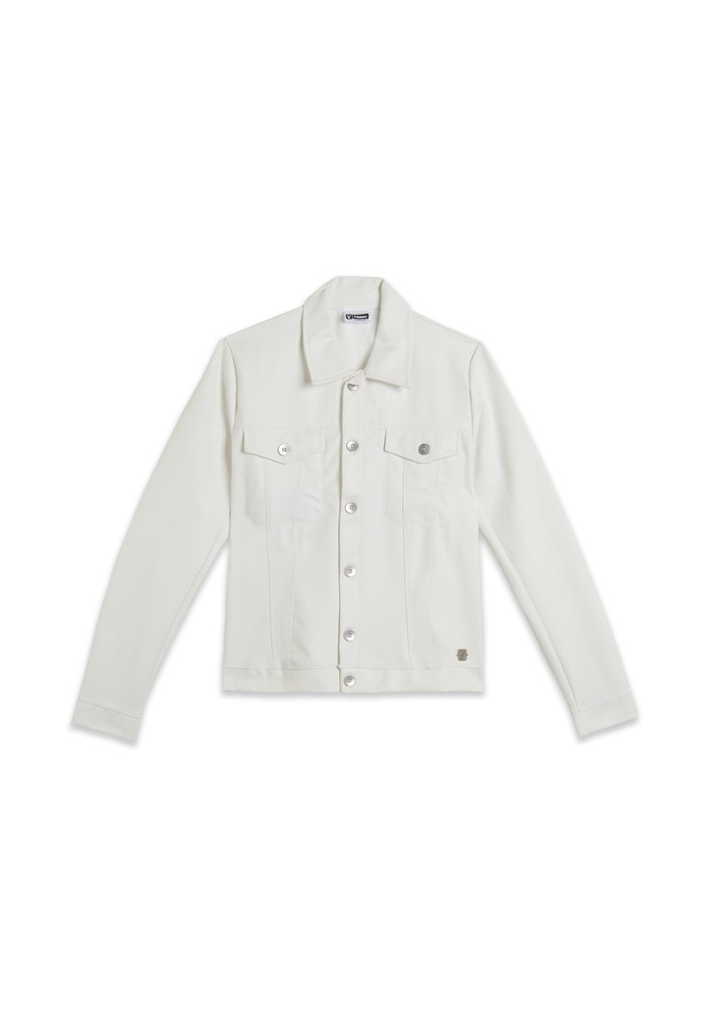 Veste en denim blanche à manches longues, col pointu, fermeture à boutons à l'avant et deux poches poitrine avec rabats. Elle se distingue par ses boutons en métal et un patch logo.