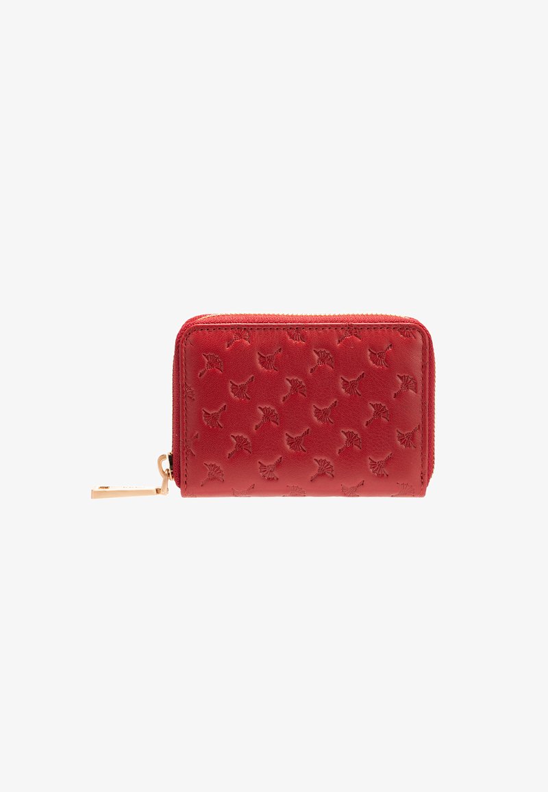 Red leather wallet featuring embossed leaf patterns, zipper closure, and gold-tone hardware. Compact rectangular shape with a smooth texture.
