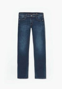 Jean en denim bleu foncé avec une coupe droite, cinq poches et un léger délavage. Comprend un bouton en laiton et des coutures contrastantes.