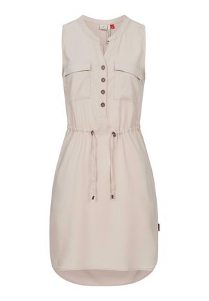 Beżowa sukienka bez rękawów z zapinanym na guziki przodem, dwoma kieszeniami na piersiach, talią ściągniętą sznurkiem i zaokrąglonym dołem.