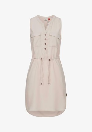 Mouwloze beige jurk met knoopsluiting aan de voorkant, twee borstzakken, taille met trekkoord en afgeronde zoom.