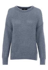Pull en tricot bleu clair, avec un col rond et des manches longues. Fabriqué en tissu texturé avec une coupe ample et des poignets côtelés.