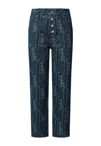 Dark blue patterned pants with a floral design, high waist, and five-button closure. Made from a soft, textured fabric with straight legs.