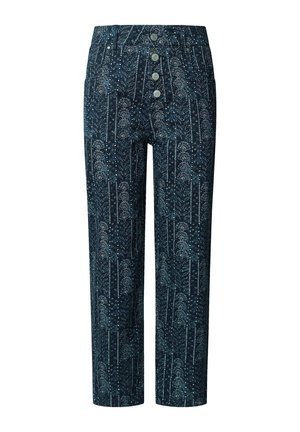 Pantaloni blu scuro con motivo floreale, vita alta e chiusura a cinque bottoni. Realizzati in un tessuto morbido e testurizzato, con gambe dritte.