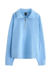 Lichtblauwe pullover van zacht materiaal, met een hoge kraag en een rits aan de voorkant tot halverwege. Biedt een comfortabele pasvorm met ribgebreide manchetten en zoom.