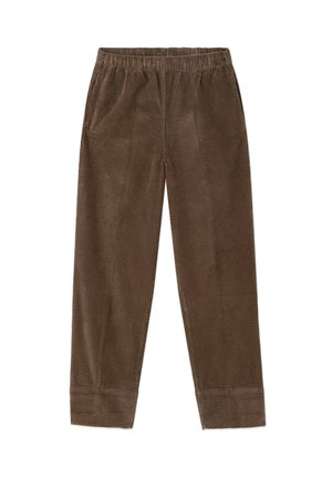 Bruine corduroy broek met verticale ribbels, elastische tailleband, zijzakken en taps toelopende pijpen die eindigen in een zoom.