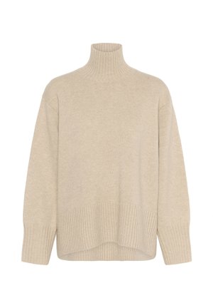 Maglione beige a collo alto realizzato in morbido materiale lavorato a maglia. Presenta un orlo e polsini a coste, con una vestibilità rilassata e maniche lunghe.