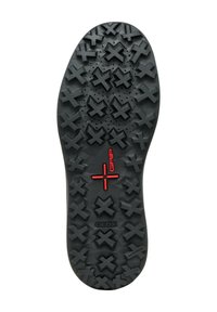 Semelle de chaussure en caoutchouc noir avec un motif texturé comportant plusieurs croix et perforations circulaires. Le mot "GEOX" est embossé près du talon.