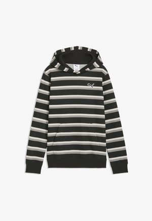 Tamsiai pilkas gobtuvu džemperis su baltomis ir šviesiai pilkomis horizontaliomis juostomis. Yra kengūros tipo kišenė ir ant krūtinės siuvinėtas logotipas.