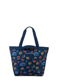 Blauwe bloemen schoudertas met donkerblauwe banden, met een levendig bloemenpatroon in rood, geel en blauw, en merknaam "Frida Kahlo."