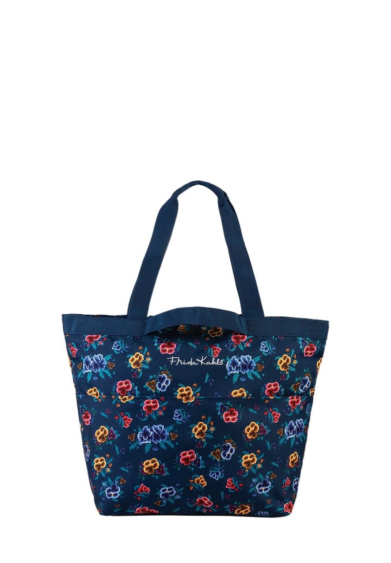 Blauwe bloemen schoudertas met donkerblauwe banden, met een levendig bloemenpatroon in rood, geel en blauw, en merknaam "Frida Kahlo."