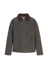 Olivgrüne Jacke mit einem braunen Cordkragen, mit einem Knopfverschluss vorne und zwei Seitentaschen, aus einem glatten Material gefertigt.