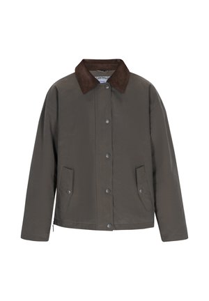 Olivgrüne Jacke mit einem braunen Cordkragen, mit einem Knopfverschluss vorne und zwei Seitentaschen, aus einem glatten Material gefertigt.