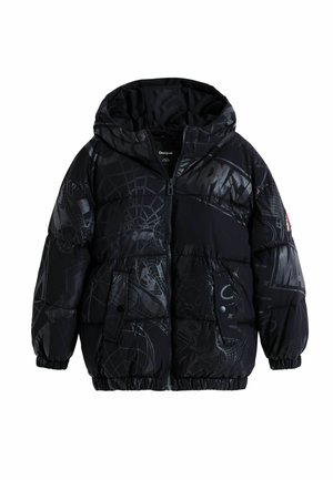 Puffer jacket in black nylon, featuring a hood, padded design, and glossy spider-web graphics. Includes side pockets and elastic cuffs.