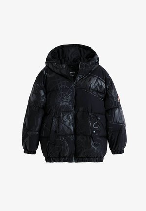 Giacca a vento imbottita in nylon nero, dotata di cappuccio, design imbottito e grafiche lucide a ragnatela. Include tasche laterali e polsini elasticizzati.