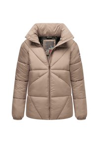 Beige gewatteerde jas met een hoge kraag, met een rits aan de voorkant, diagonale gestikte panels en zijzakken. Voering is zichtbaar.