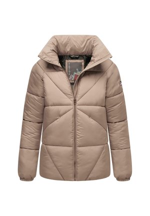 Giacca imbottita beige con colletto alto, dotata di zip frontale, pannelli diagonali cuciti e tasche laterali. Interno foderato visibile.