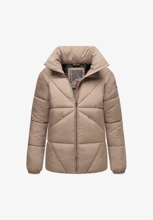 Beez toonitud jakk kõrge kraega, millel on lukuga esikülg, diagonaalis õmmeldud paneelid ja küljetaskud. Nähtav vooderdus.